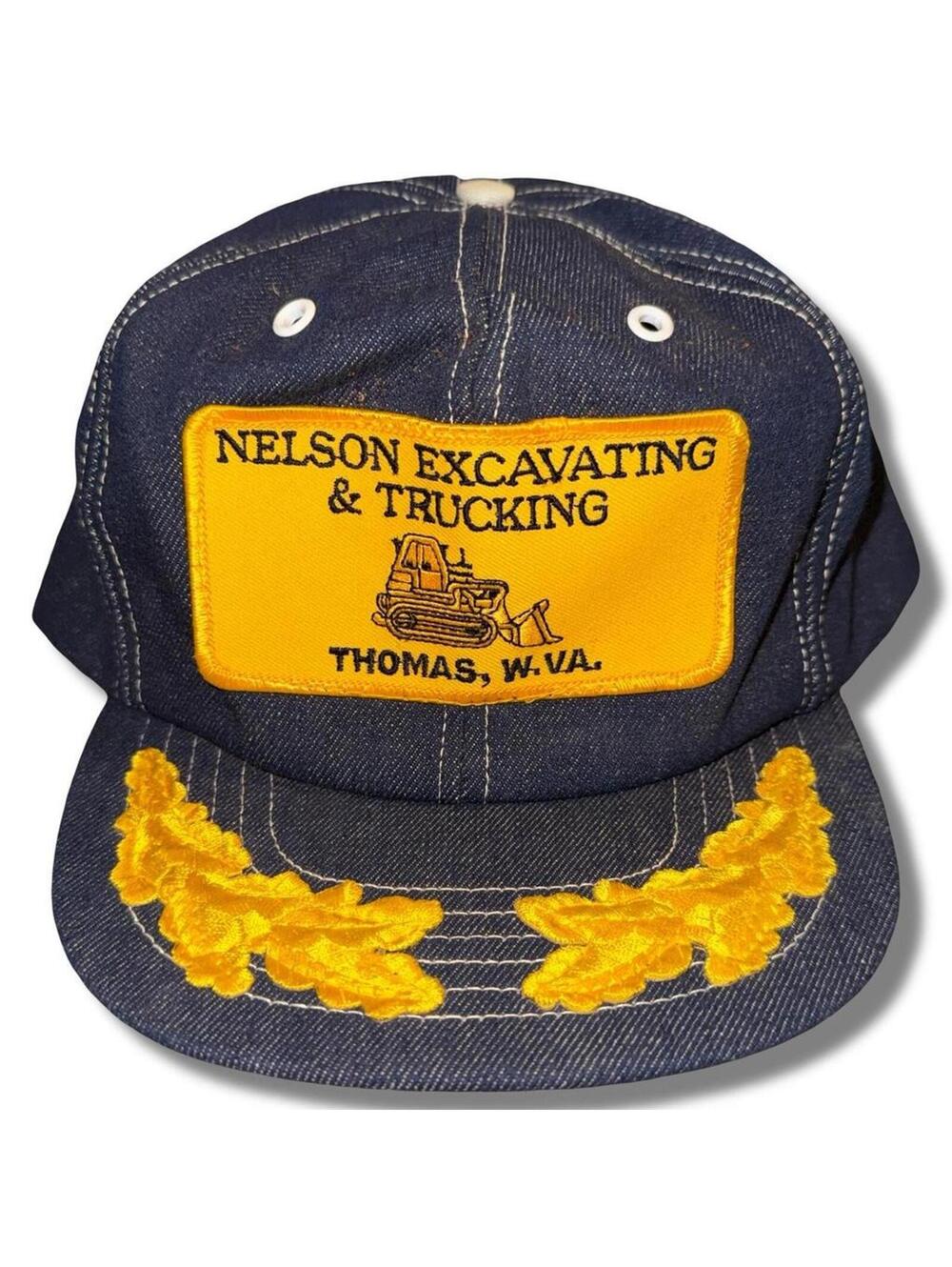 70s Vintage Raw Denim Trucker Patch Hat with Scrambled Eggs Gold Leaf Thomas, WV
